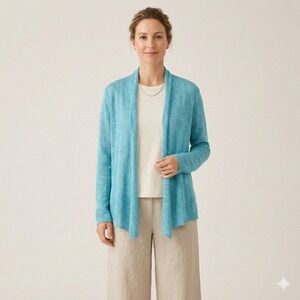 Eileen Fisher Linen Cardigan Women Medium Blue Coastal Quiet Luxury Lagenlook